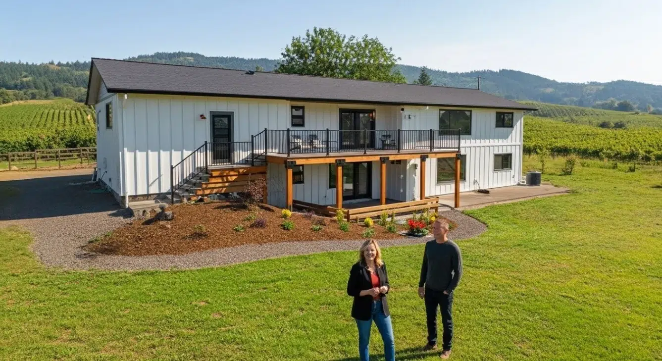 Home buying consultation in Oregon with buyers viewing a McMinnville property near vineyards.