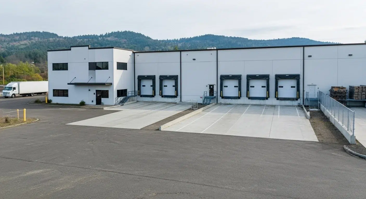 Industrial property sales listing with warehouse loading docks in McMinnville Oregon.