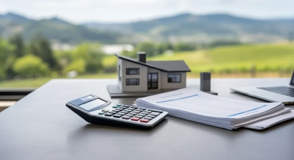 Real estate finance planning with mortgage documents and home model in McMinnville Oregon.