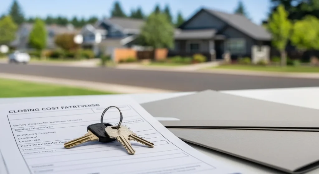 Real estate finance and closing cost paperwork with house keys in McMinnville Oregon.